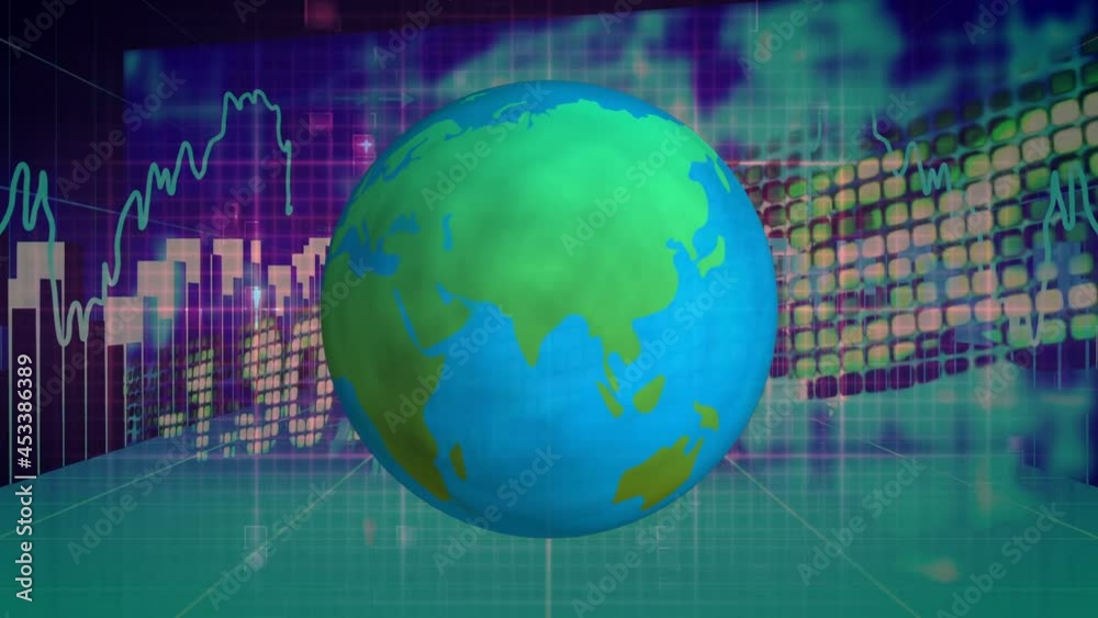 Animation of globe over financial data processing Animation of globe over financial data processing