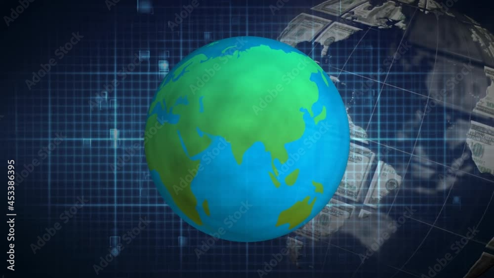 Animation of globe formed with american dollar banknotes and grid Animation of globe formed with american dollar banknotes and grid