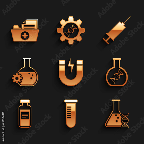 Set Magnet with lightning, Test tube or flask, DNA research, search, , Medical vial, ampoule and Bioengineering icon. Vector