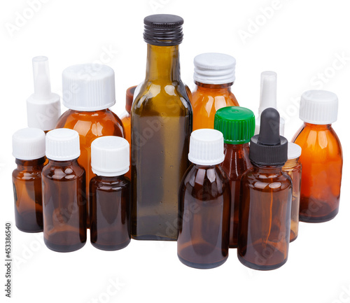 Cough syrup bottles, tablets and medicines isolated white. SET BROWN BOTTLE.