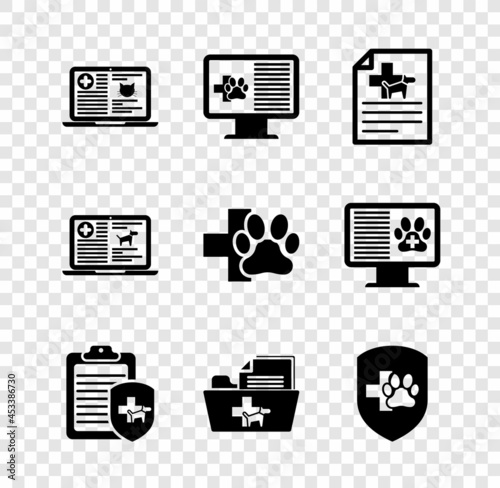Set Clinical record cat on laptop, pet monitor, Medical certificate for dog, , veterinary folder and Animal health insurance icon. Vector