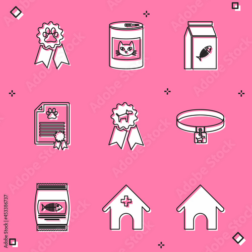 Set Pet award symbol, Canned food for cat, Bag of, Certificate dog, Dog and collar icon. Vector