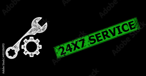 Bright net mesh tuning wrench frame with lightspots, and green rectangle corroded 24X7 Service watermark. Constellation vector frame created from tuning wrench pictogram and crossing white lines.
