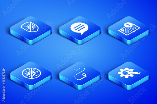 Set Wrench and gear, Stop virus, bacteria, Route location, Speech bubble chat and Interesting facts icon. Vector