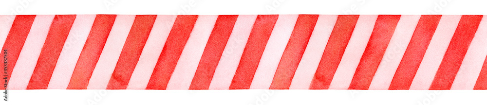 Fototapeta premium Seamless repeatable border of red and white decorative pattern with diagonal stripes. Hand painted watercolor illustration for design, greeting card, web site, scrapbooking, print, wrapping paper.
