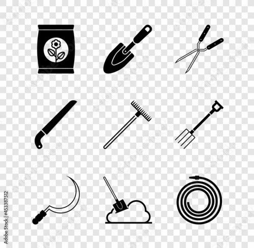 Set Fertilizer bag, Garden trowel spade or shovel, Gardening handmade scissor, Sickle, Shovel the ground, hose fire hose, saw and rake icon. Vector