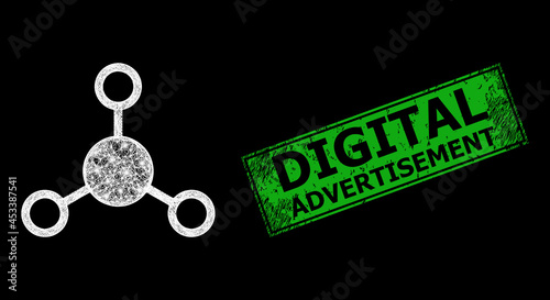 Bright crossing mesh links carcass with bright dots, and green rectangle dirty Digital Advertisement watermark. Constellation vector carcass created from links pictogram and intersected white lines.