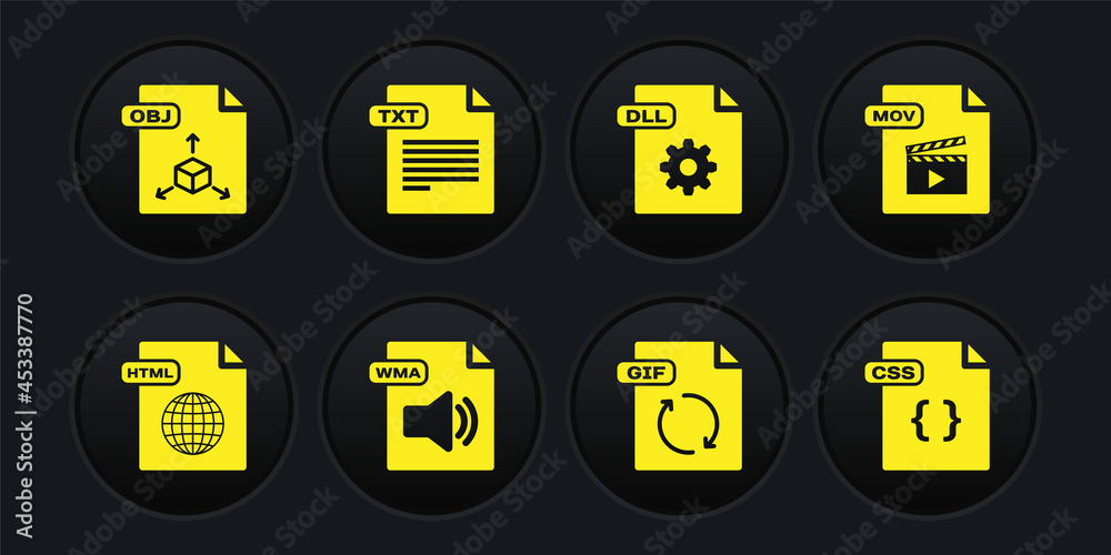 Set HTML file document, MOV, WMA, GIF, DLL, TXT, CSS and OBJ icon. Vector Set HTML file document, MOV, WMA, GIF, DLL, TXT, CSS and OBJ icon. Vector