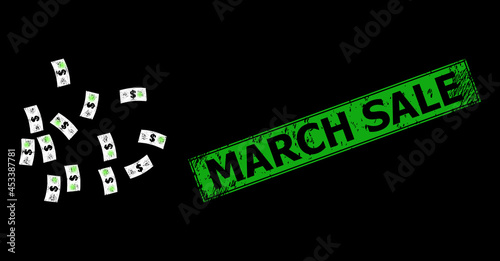 Glare crossing mesh dollar banknotes carcass with flash nodes, and green rectangle dirty March Sale seal print.