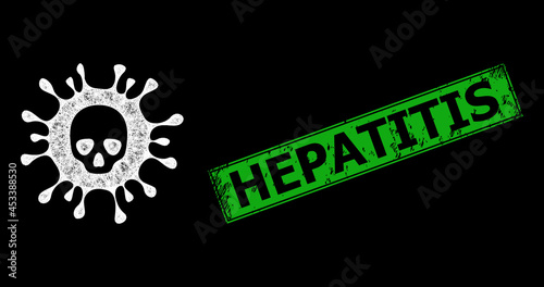Glowing crossing mesh death virus carcass with light spots, and green rectangular textured Hepatitis stamp seal. Constellation vector model created from death virus pictogram and crossing white lines.