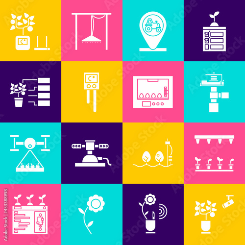 Set Smart farming technology, Automatic irrigation sprinklers, Tractor and location, Temperature humidity sensor, Flower analysis, and Incubator for eggs icon. Vector