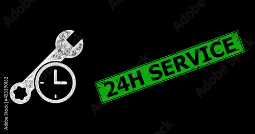 Bright network repair time frame with bright dots, and green rectangle dirty 24H Service stamp seal. Illuminated vector carcass created from repair time icon and crossing white lines.