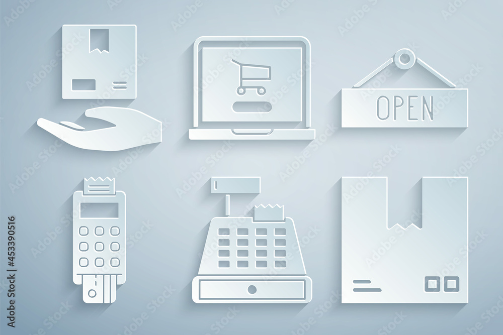 Set Cash register machine, Hanging sign with Open, POS terminal credit card, Cardboard box traffic symbol, Shopping cart on laptop and Delivery hand boxes icon. Vector
