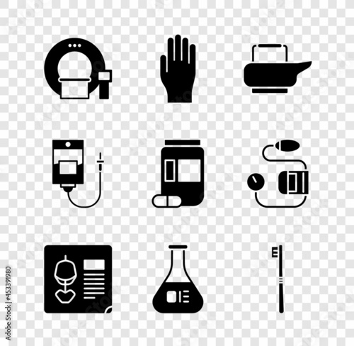 Set Tomography, Medical rubber gloves, Bedpan, X-ray shots, Test tube and flask, Toothbrush, IV bag and Medicine bottle pills icon. Vector