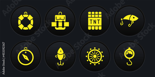 Set Compass, Fishing lure, Ship steering wheel, Detonate dynamite bomb stick, Hiking backpack, Spring scale and Lifebuoy icon. Vector