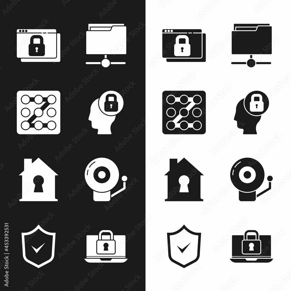 Set Human head with lock, Graphic password protection, Secure your site HTTPS, SSL, FTP folder, House under, Ringing alarm bell, Laptop and and Shield check mark icon. Vector Set Human head with lock, Graphic password protection, Secure your site HTTPS, SSL, FTP folder, House under, Ringing alarm bell, Laptop and and Shield check mark icon. Vector