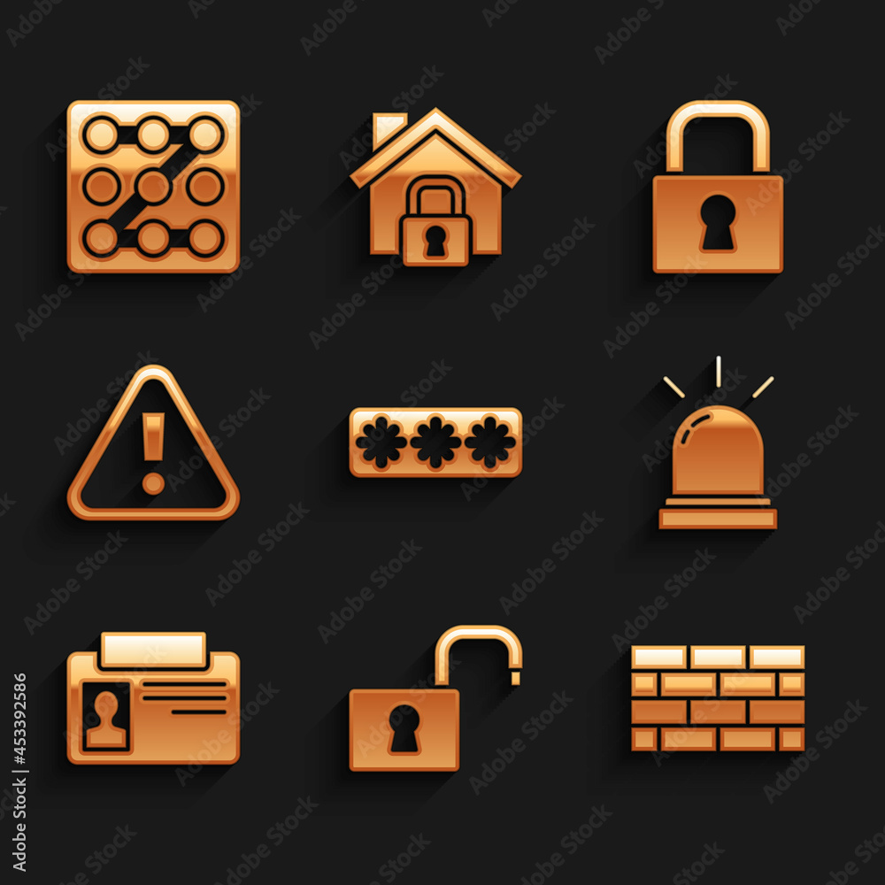 Set Password protection, Open padlock, Firewall, security wall, Motion sensor, Identification badge, Exclamation mark in triangle, Lock and Graphic password icon. Vector Set Password protection, Open padlock, Firewall, security wall, Motion sensor, Identification badge, Exclamation mark in triangle, Lock and Graphic password icon. Vector