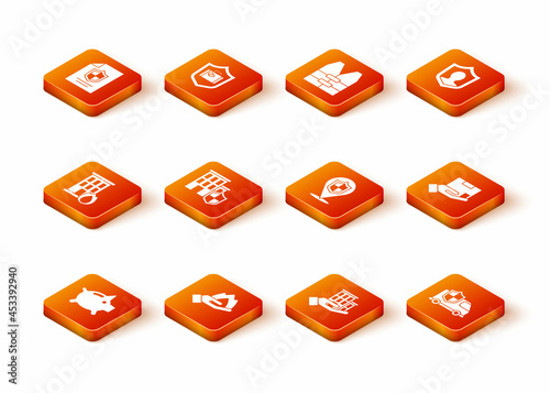 Set Piggy bank, Hand holding fire, Fire burning house, House with shield, insurance, Location, Car and Delivery icon. Vector