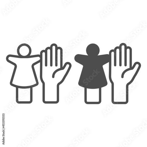Puppet doll and the palm of the hand line and solid icon, theater concept, puppet theatre vector sign on white background, outline style icon for mobile concept and web design. Vector graphics.
