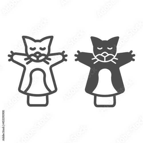 Cat, kitty puppet on the hand line and solid icon, theater concept, puppet aminals vector sign on white background, outline style icon for mobile concept and web design. Vector graphics. photo