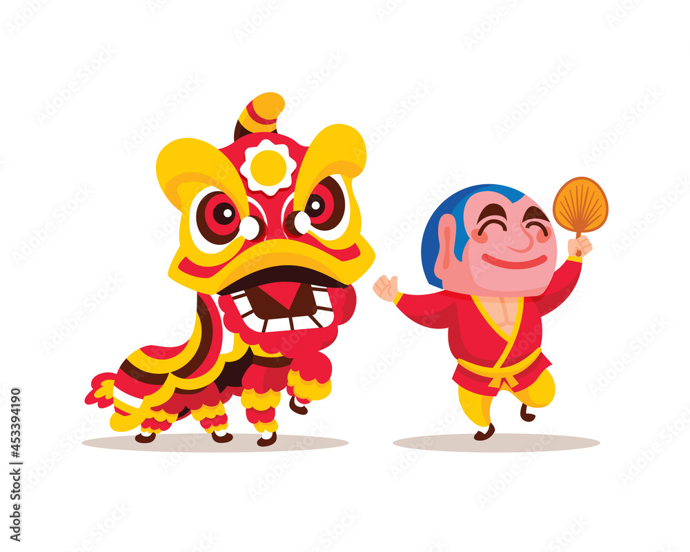 Flat design of lion dance with big head buddha performance for Chinese New Year celebration