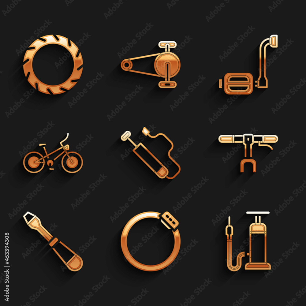 Set Bicycle air pump, brake disc, handlebar, Screwdriver, pedal and wheel tire icon. Vector Set Bicycle air pump, brake disc, handlebar, Screwdriver, pedal and wheel tire icon. Vector