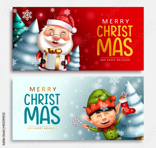 Christmas characters vector banner set. Merry christmas greeting text with santa claus and elf character holding gift and candy cane for xmas design collection. Vector illustration.

