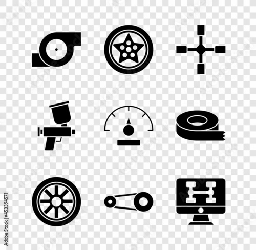 Set Automotive turbocharger, Car wheel, Wheel wrench, Timing belt kit, Diagnostics condition of car, Paint spray gun and Speedometer icon. Vector