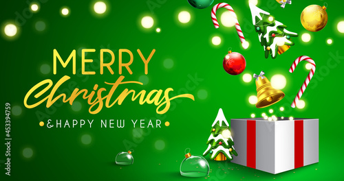 Christmas greeting vector background design. Merry christmas text with ornament xmas elements in gift box for holiday season present and card decoration. Vector illustration.
