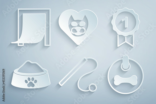 Set Pet cat toy  Dog award symbol  food bowl  collar  Heart with and Door for pet icon. Vector