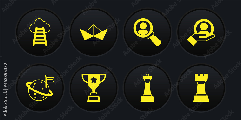 Set Moon with flag, Hand for search people, Award cup, Chess, Magnifying glass, Folded paper boat, and Stair finish icon. Vector Set Moon with flag, Hand for search people, Award cup, Chess, Magnifying glass, Folded paper boat, and Stair finish icon. Vector