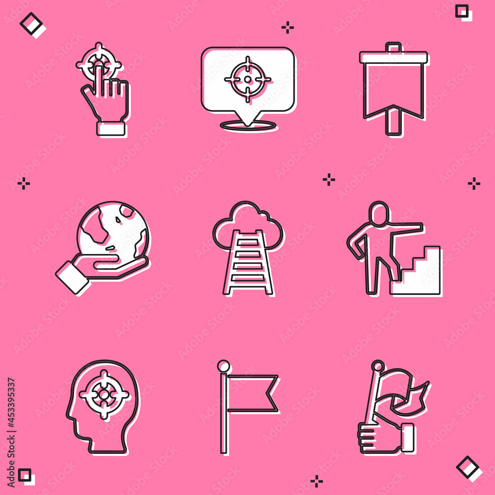 Set Target, Flag, Hand holding Earth globe, Stair with finish flag, Head hunting and icon. Vector Set Target, Flag, Hand holding Earth globe, Stair with finish flag, Head hunting and icon. Vector
