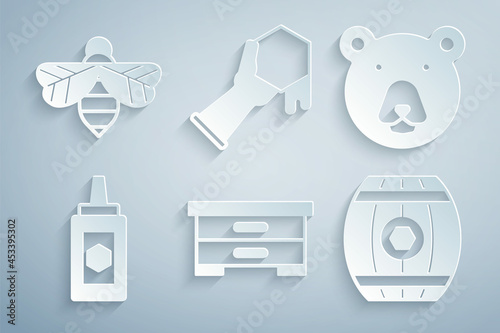 Set Hive for bees, Bear head, Jar of honey, Wooden barrel with, Honeycomb and hand and Bee icon. Vector