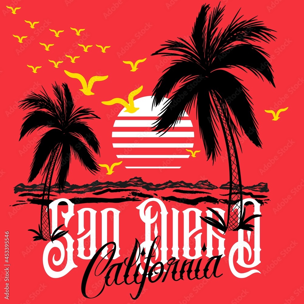 palm trees and seagulls and text san diego california with red background