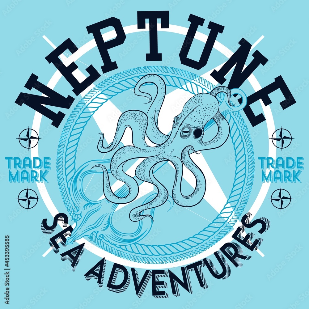 octopus on an anchor with text Neptune sea adventures and blue background