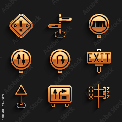 Set Turn back road sign, Road traffic, Traffic light, Fire exit, Triangle warning blank, two way, Pedestrian crosswalk and Exclamation mark triangle icon. Vector
