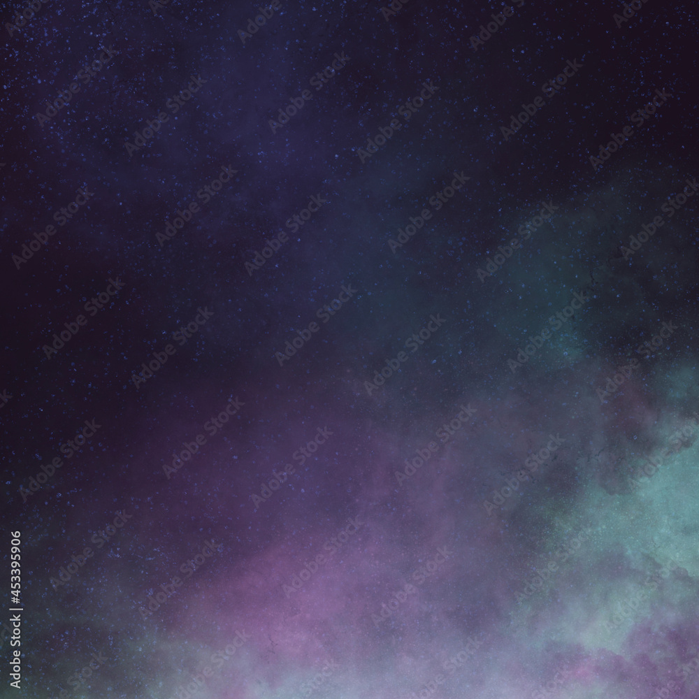 宇宙イメージの背景）紫の星雲　ダークな背景　星空　夜空　ふわふわ　正方形　雲　カラフル