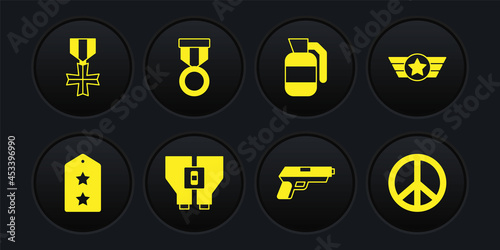 Set Military rank, Star American military, Binoculars, Pistol or gun, Hand grenade, reward medal, Peace and icon. Vector