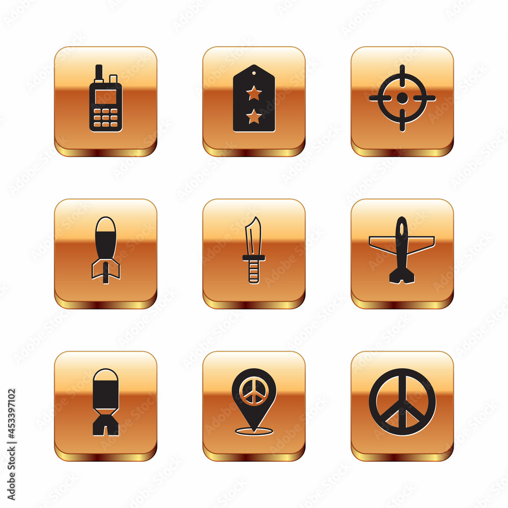 Set Walkie talkie, Rocket launcher, Location peace, Military knife, Target sport, Peace and rank icon. Vector Set Walkie talkie, Rocket launcher, Location peace, Military knife, Target sport, Peace and rank icon. Vector