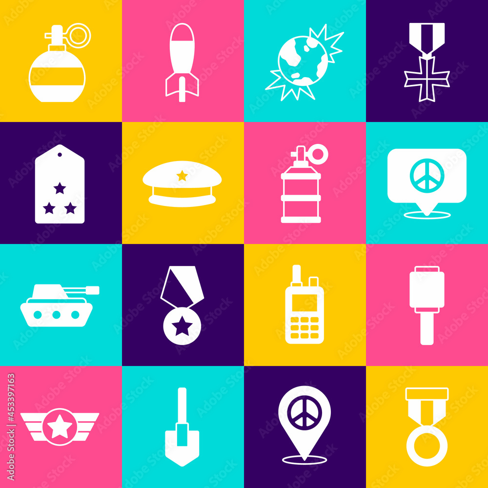 Set Military reward medal, Anti-tank hand grenade, Location peace, Bomb explosive planet earth, beret, rank, Hand and smoke icon. Vector Set Military reward medal, Anti-tank hand grenade, Location peace, Bomb explosive planet earth, beret, rank, Hand and smoke icon. Vector