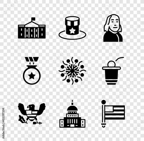 Set United States Capitol Congress, Patriotic American top hat, Benjamin Franklin, Eagle, White House, flag, Medal with star and Firework icon. Vector