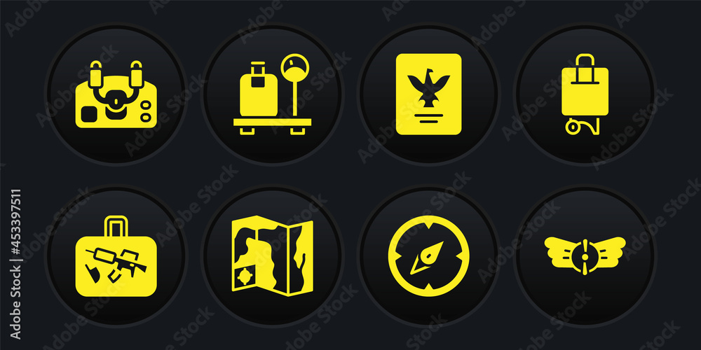Set Suitcase, World travel map, Compass, Passport, Scale with suitcase, Aviation emblem and Aircraft steering helm icon. Vector Set Suitcase, World travel map, Compass, Passport, Scale with suitcase, Aviation emblem and Aircraft steering helm icon. Vector