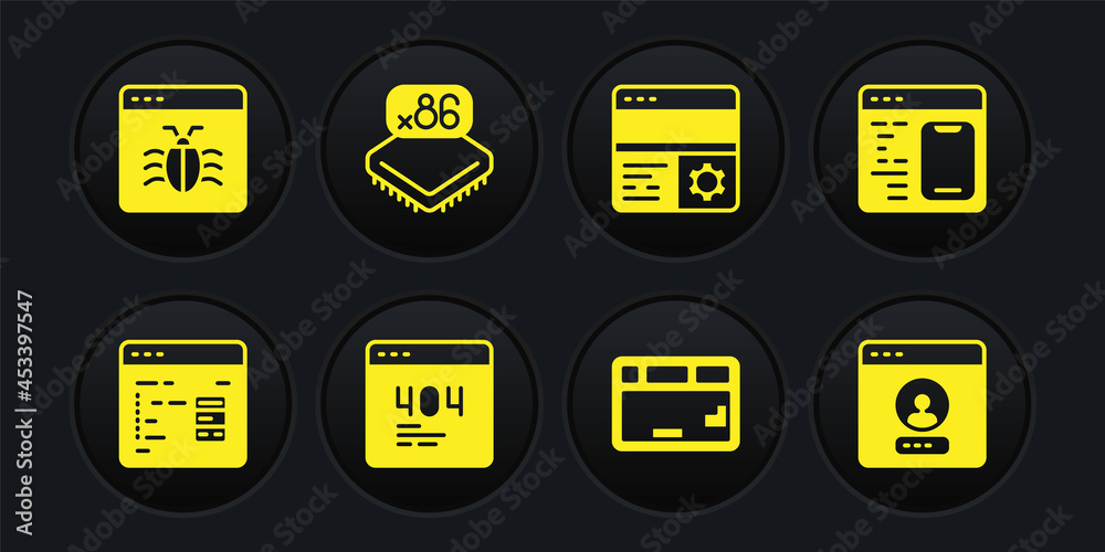 Set Software, Page with 404 error, Keyboard, Debugging, Processor microcircuits CPU, Create account screen and System icon. Vector Set Software, Page with 404 error, Keyboard, Debugging, Processor microcircuits CPU, Create account screen and System icon. Vector