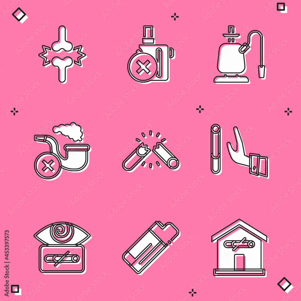 Set Joint pain, knee pain, No electronic cigarette, Hookah, Smoking pipe with smoke, Broken, Giving up, Hypnosis and Lighter icon. Vector Set Joint pain, knee pain, No electronic cigarette, Hookah, Smoking pipe with smoke, Broken, Giving up, Hypnosis and Lighter icon. Vector