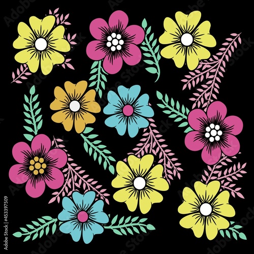 funny colorful flower print with black background