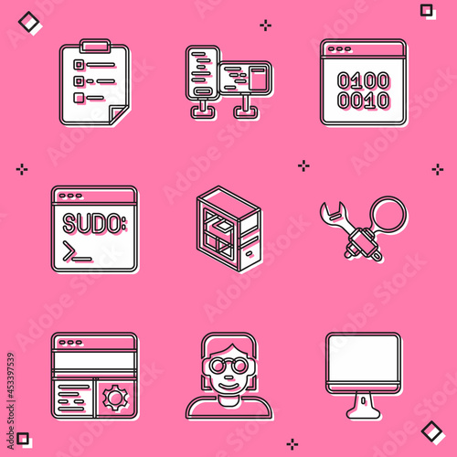 Set Clipboard with checklist, Computer monitor screen, Binary code, Code terminal, Debugging, and Hacker coder icon. Vector