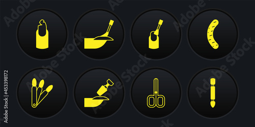 Set False nails, Nail file, Milling cutter for manicure, scissors, Manicure, Cuticle pusher and Broken icon. Vector