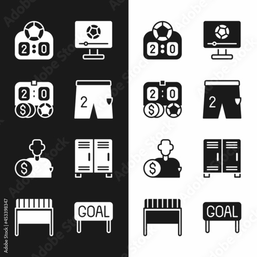 Set Shorts for playing football, Football betting money, Sport mechanical scoreboard, match TV, Buy player, Locker changing room, Goal soccer and goal icon. Vector