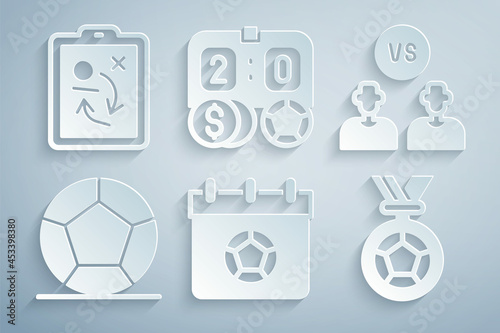 Set Football or soccer calendar, player, Soccer football, medal, betting money and Planning strategy concept icon. Vector
