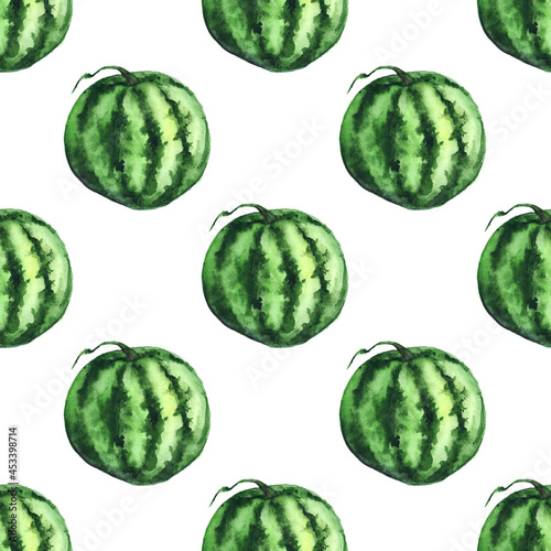 Watercolor green stripe watermelon ripe raw fruit berry seamless pattern texture background